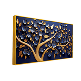 Luxury 3D Golden Tree Wall Art – Blue Floral Blossoms with Golden Leaves on Deep Navy Background