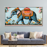 Royal Elephant Wall Art – Traditional Indian Folk Painting with Floral Background