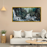 Beautiful Waterfall with Green Background Black White Painting Waterfall Canvas Wall Paintings