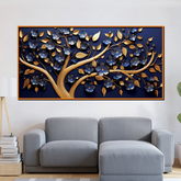 Luxury 3D Golden Tree Wall Art – Blue Floral Blossoms with Golden Leaves on Deep Navy Background
