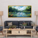 Beautifull Realistic Swan Birds Quaint Cartoon Pond with Jumping Frogs Canvas Wall Paintings