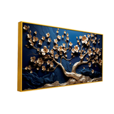 Elegant 3D Golden Blossom Tree Wall Art – Textured Blue Background with Flowing Branch Design