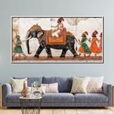 Royal Procession Wall Art – Traditional Indian Elephant Painting with Maharaja and Attendants