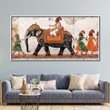 Royal Procession Wall Art – Traditional Indian Elephant Painting with Maharaja and Attendants