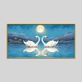 Realistic Pair Swans Birds Lakes Ice Edge Moon Glistening Canvas Wall Paintings