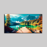 Scenic Mountain Lake Dock Wall Art – Vibrant Landscape with Forest, Water, and Snow-Capped Peaks