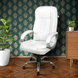White Leatherette High Back Swivel Office Chair | Revolving Seat with Heavy Tilting Mechanism & Strong Chrome Stand
