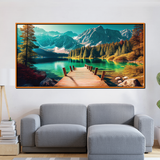 Scenic Mountain Lake Dock Wall Art – Vibrant Landscape with Forest, Water, and Snow-Capped Peaks