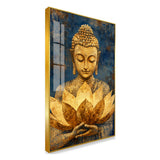 Golden Buddha Acrylic Wall Paintings with Lotus on Blue Background