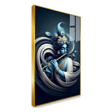 Lord Krishna Playing Flute – Divine Blue Abstract Canvas Wall Art with Peacock Feather Design