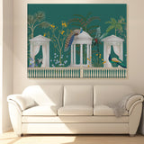 Mughal Garden Peacock Artwork Abstract Canvas Framed Painting Indian Ethnic Traditional Wall Art Large Size For Living Room Bedroom Office Home Decoration.