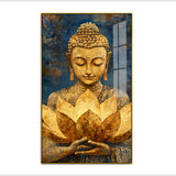 Golden Buddha Acrylic Wall Paintings with Lotus on Blue Background