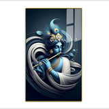 Lord Krishna Playing Flute – Divine Blue Abstract Canvas Wall Art with Peacock Feather Design