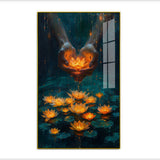 Hands Holding a Glowing Lotus in a Pond Acrylic Wall Paintings