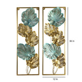 Green & Gold Etchiing Leaves Rectangular Wall Decor Set of 2