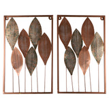 Rectangular Copper & Green Etching Leaves Wall Decor Set of 2