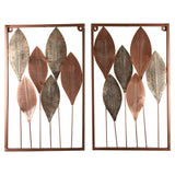 Rectangular Copper & Green Etching Leaves Wall Decor Set of 2