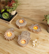 Biege & White Mangowood Tealight Holder Set of 4