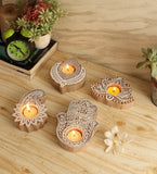 Biege & White Mangowood Tealight Holder Set of 4