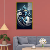 Lord Krishna Playing Flute – Divine Blue Abstract Canvas Wall Art with Peacock Feather Design