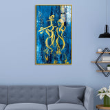 Abstract Radha Krishna Wall Art – Golden Brushstroke Canvas on Blue Textured Background