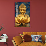 Golden Buddha Acrylic Wall Paintings with Lotus on Blue Background