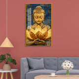 Golden Buddha Acrylic Wall Paintings with Lotus on Blue Background
