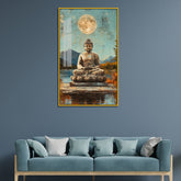 Buddha Statue with Moon and Mountain Landscape Acrylic Wall Paintings