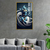 Lord Krishna Playing Flute – Divine Blue Abstract Canvas Wall Art with Peacock Feather Design