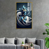 Lord Krishna Playing Flute – Divine Blue Abstract Canvas Wall Art with Peacock Feather Design