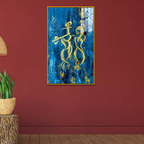 Abstract Radha Krishna Wall Art – Golden Brushstroke Canvas on Blue Textured Background