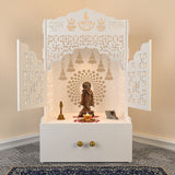 Divine Wooden Floor Temple with Door Spacious Shelf & Inbuilt Focus Light