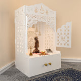 Divine Wooden Floor Temple with Door Spacious Shelf & Inbuilt Focus Light