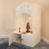 Divine Wooden Floor Temple with Door Spacious Shelf & Inbuilt Focus Light