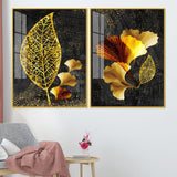 Abstract Golden Shiny Ginkgo Leaf Acrylic Floating Wall Painting Set of 2
