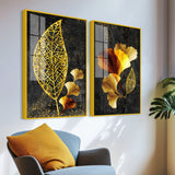 Abstract Golden Shiny Ginkgo Leaf Acrylic Floating Wall Painting Set of 2