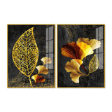 Abstract Golden Shiny Ginkgo Leaf Acrylic Floating Wall Painting Set of 2