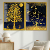 Abstract Golden Shiny Leaves Acrylic Floating Wall Painting Set of 2