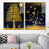 Abstract Golden Shiny Leaves Acrylic Floating Wall Painting Set of 2