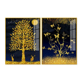 Abstract Golden Shiny Leaves Acrylic Floating Wall Painting Set of 2
