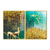 Beautiful Golden Birds and Deer Acrylic Floating Wall Painting Set of 2