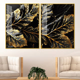 Beautiful Leaf Golden Textural Art Acrylic Floating Wall Painting Set of 2