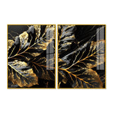 Beautiful Leaf Golden Textural Art Acrylic Floating Wall Painting Set of 2