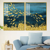 Beautiful Ocean View of Golden Fish Pattern Acrylic Floating Wall Paintings Set of 2