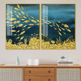 Beautiful Ocean View of Golden Fish Pattern Acrylic Floating Wall Paintings Set of 2
