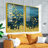Beautiful Ocean View of Golden Fish Pattern Acrylic Floating Wall Paintings Set of 2