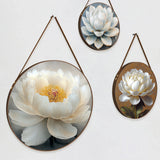 Luxurious White Lotus Floral Round Framed Canvas Wall Paintings - Set of 3