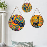 Madhubani Art Round Framed Canvas Wall Decorative Paintings - Set of 3