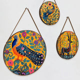 Madhubani Art Round Framed Canvas Wall Decorative Paintings - Set of 3