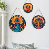 Traditional Madhubani Art Round Framed Canvas Wall Paintings - Set of 3